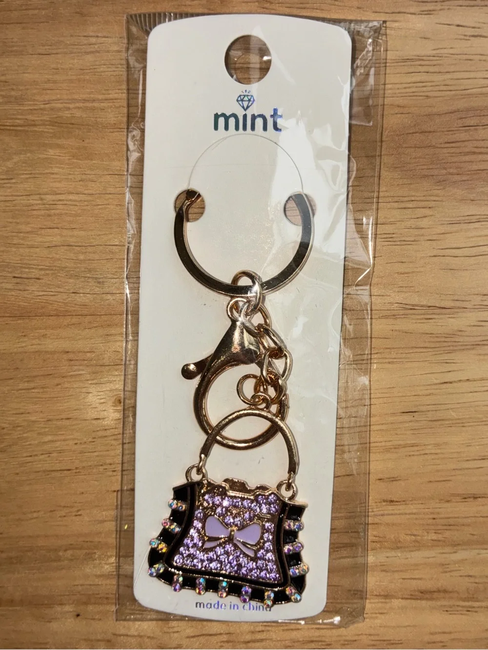 Rhinestone Handbag Keychain – Sparkly Purple Purse Charm with Gold Ring & Clip